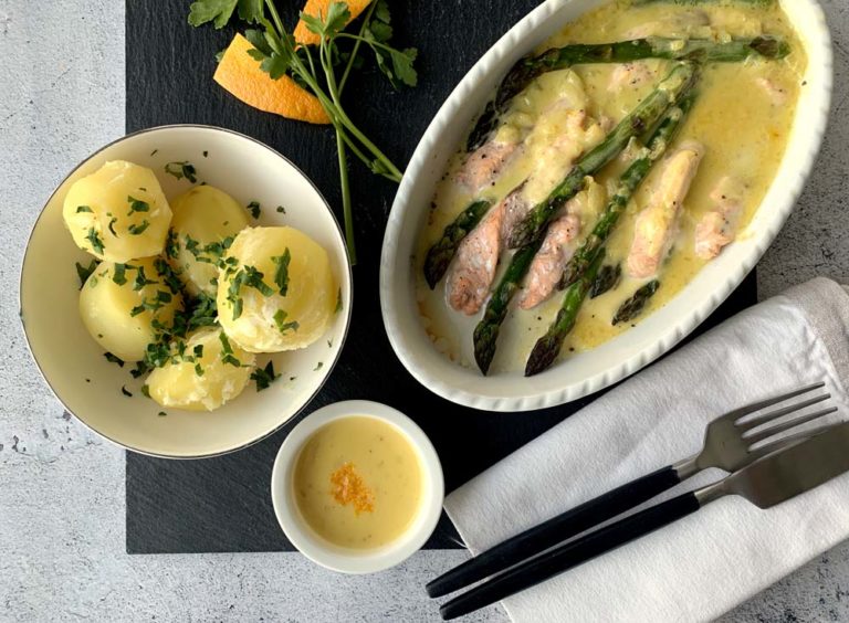 Lachs-Spargel-Pfanne mit Orangensauce